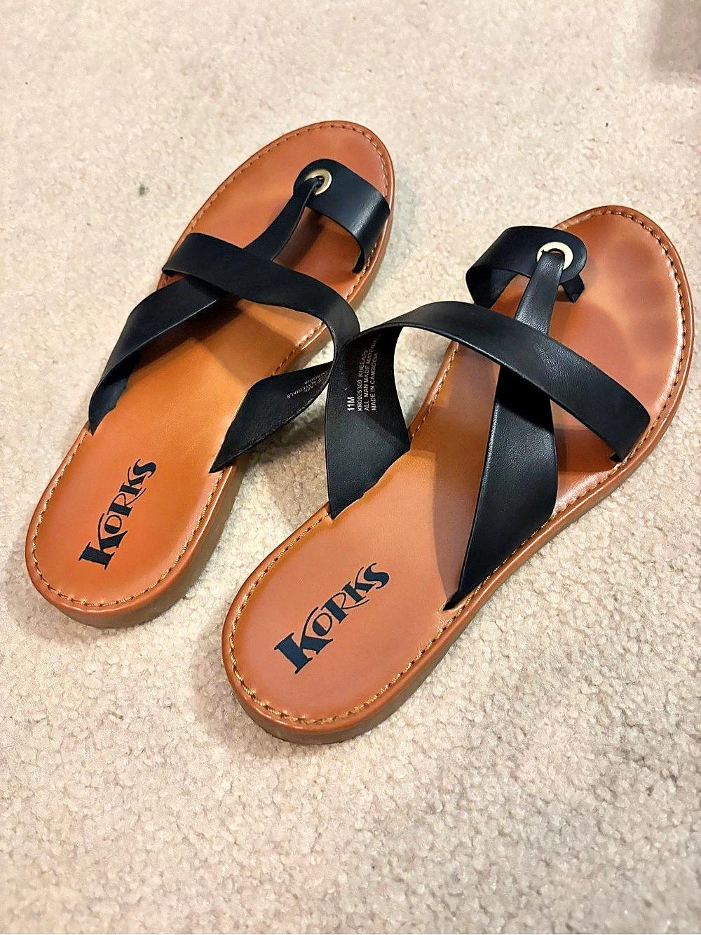 Korks Leather Flat Sandals in Black & Brown US 11M